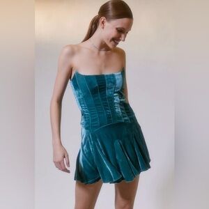 UO Antoinette Velvet Bustier Mini Dress, Dark Green, Small, NWT